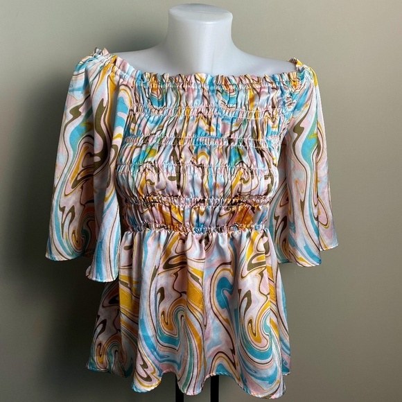 Chenault Women's Abstract Pastel Splash Off Shoulder Bell Sleeve Flared Blouse M - Picture 1 of 16